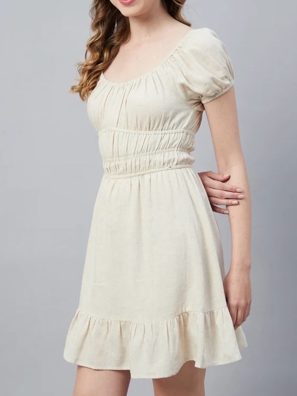 Sim & Sam Casual Cream Scoop-Neck Mini Dress Linen Color XS